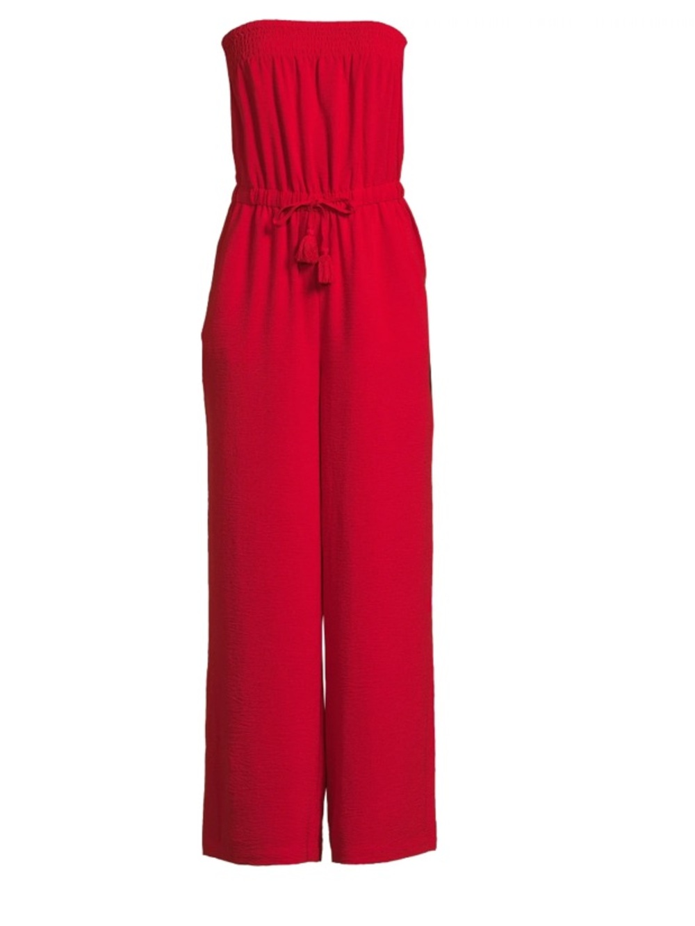 No Boundaries Crinkle Strapless Wide-Leg Jumpsuit in Red